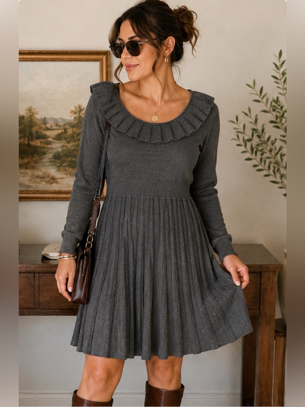 Jessica Howard PXL Charcoal Gray Ruffle Pleated Sweater Dress Long Sleeve